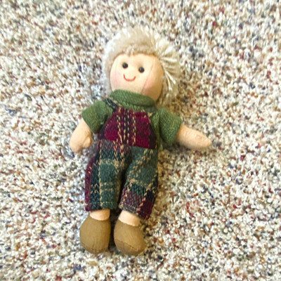Small Rag & Cloth Doll Blonde Curly Yarn Hair Black Eyes Soft Body Outfit