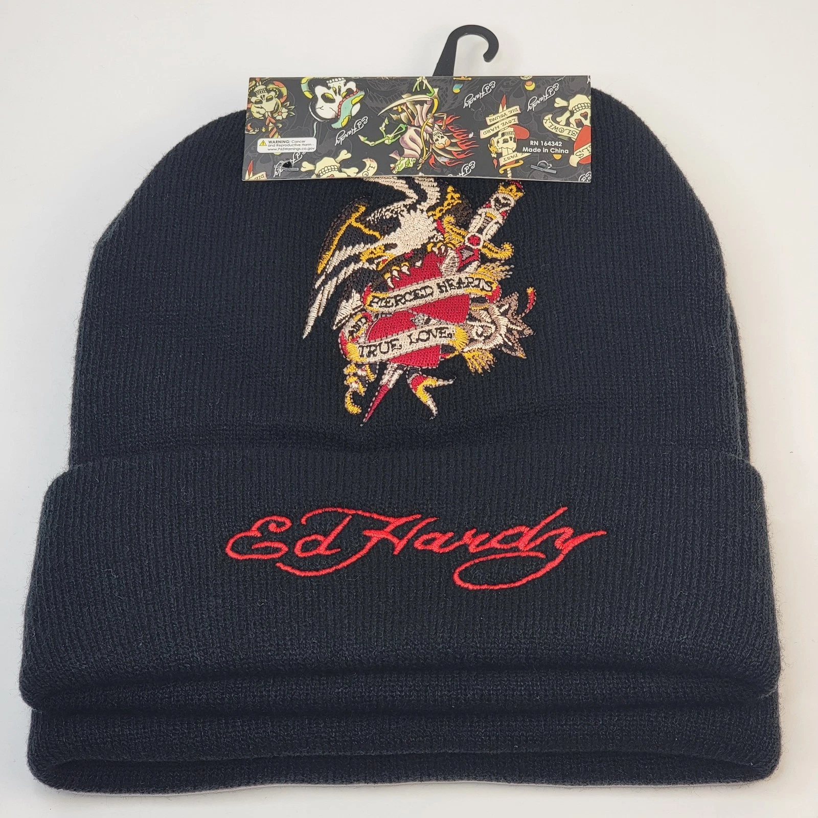 Ed Hardy 2 Pack Beanies Stocking Cap Hat Black Colorful Tattoo Art Logo Winter