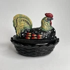 Vintage Fenton Hen On Nest Folk Art Rooster Hand Painted Opaque Glass Rare
