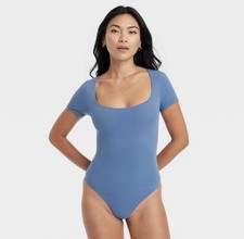 Auden Luxury Collection Square Neck Short Sleeve Thong Bodysuit size M Blue NEW