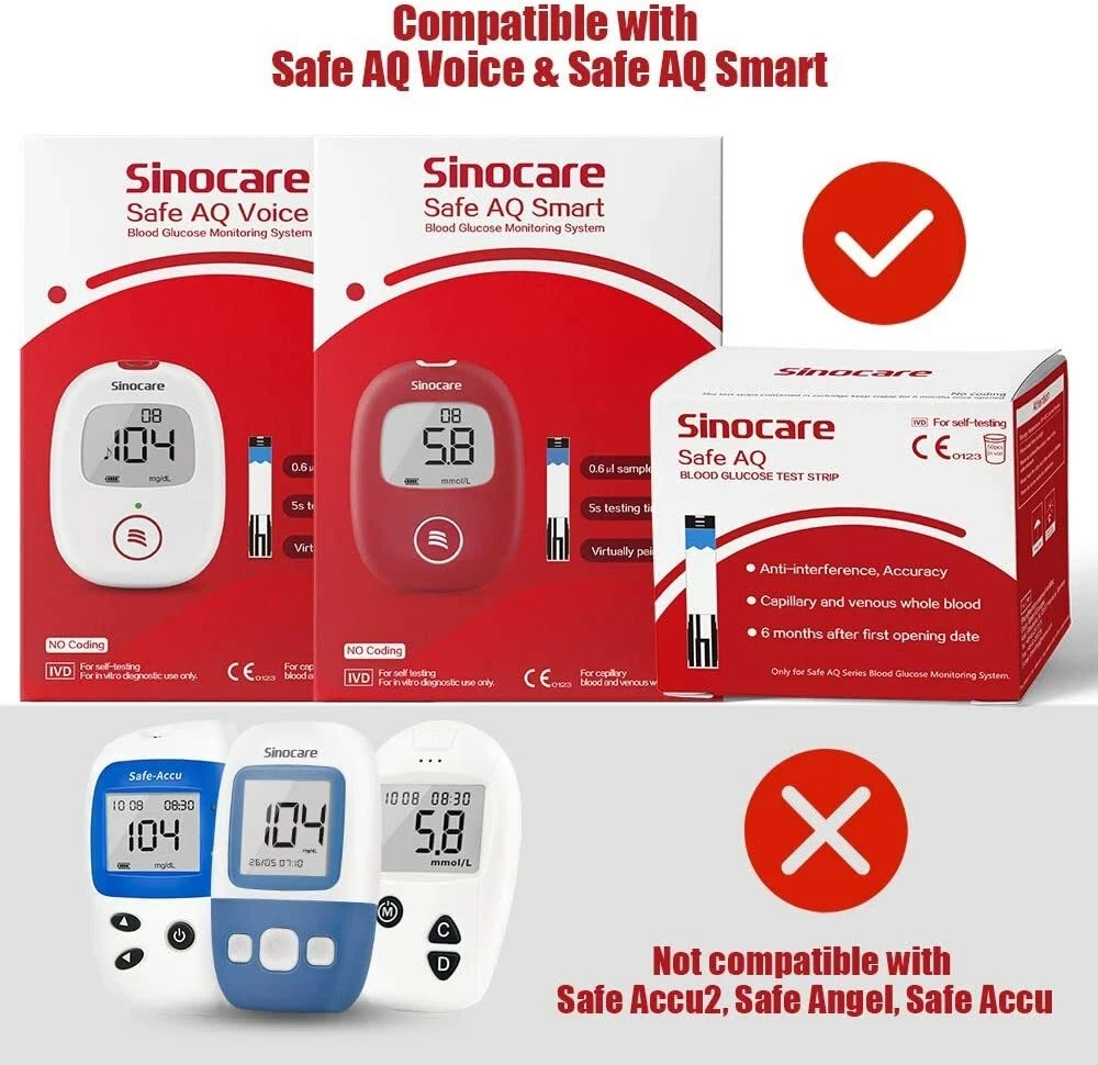Sinocare Tiras Sangre Prueba, 50 x Tiras Sin Lancetas, para Safe AQ Smart/Voice