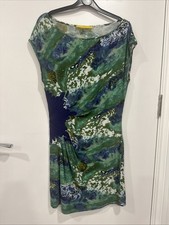 Catherine Malandrino Green Abstract Print Dress Size M Ruched Boat Neck Stretch