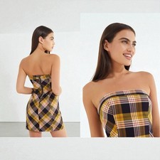 Urban Outfitters Womens MEDIUM Sacramento Plaid Strapless Mini Dress Blue Yellow