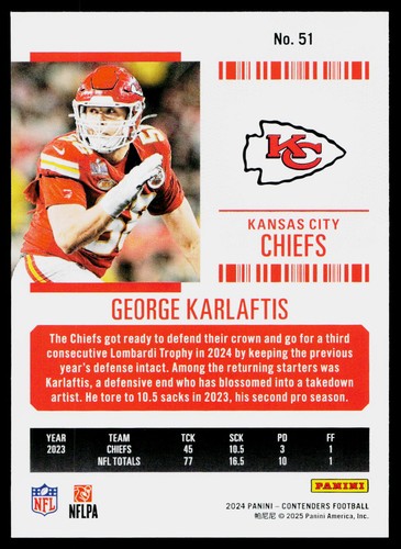2024 Panini Contenders Season Ticket - George Karlaftis #51 - Kansas City Chiefs - Picture 2 of 2