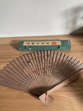 Vintage Chinese Wooden Folding Fan Double Sided Scene Original Box