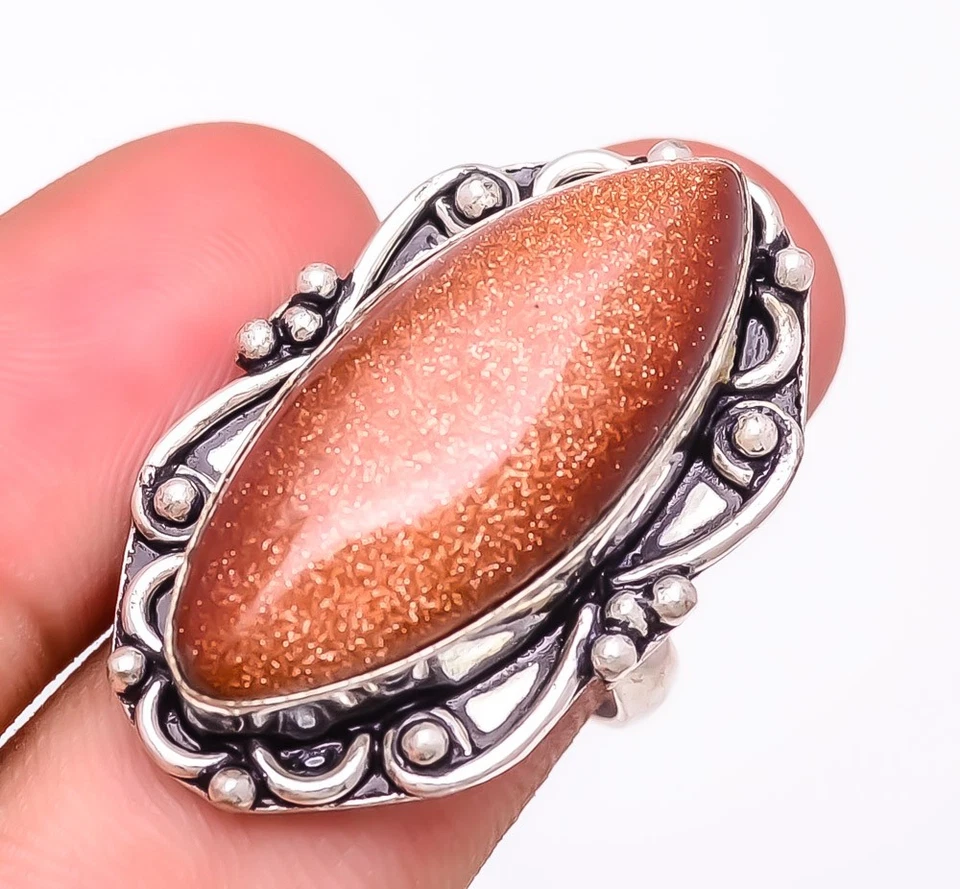 Golden Sunstone Gemstone Silver Plated Jewelry Ring s.8 F2664 - Image 3 of 4