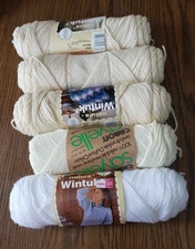 Lot of 5 Skeins 4 Ply Various Brands 3.5 Oz White/Cream Knitting Worsted Yarn