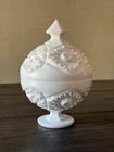 Vintage Milk Glass Atomic Starburst Quilt Pedestal Compote Candy Dish Finial Lid