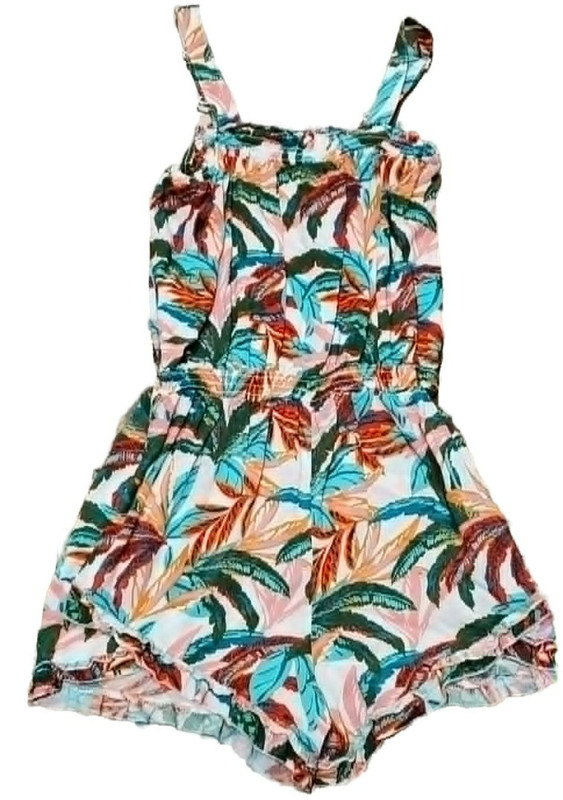 Jessica Simpson Girls XL 14/16 Tropical Palm Leaf Romper Ruffle Hem Excellent