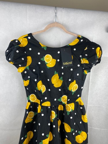 Collectif Dress UK 10 S Demira Polka Dot Swing Lemons Black w/ Pockets - Picture 6 of 18