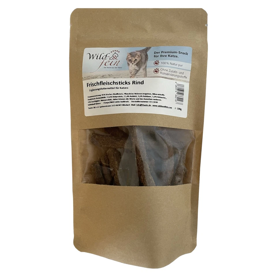 Wild & Fein Frischfleischsticks Rind für Katzen - 100g Katzensnack Leckerli 