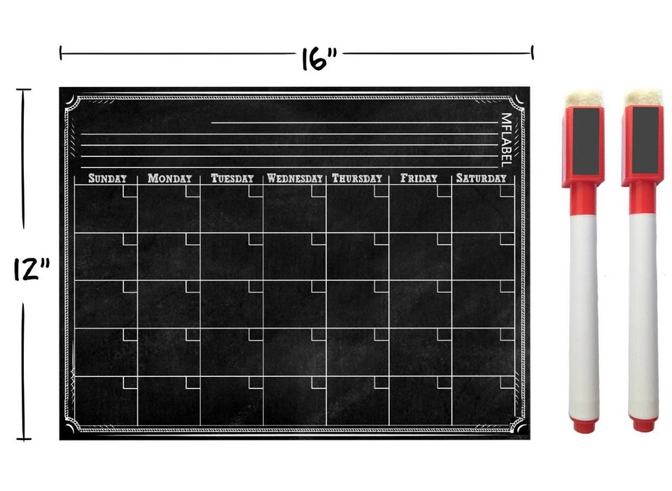 MFLABEL 16" x 12" Weekly Dry Erase Magnetic Refrigerator Calendar Message Black Board
