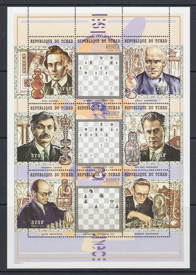 Chad Sc 798J-800A MNH. 1999 Chess Champions, 2 sheets of 9 plus 2 souv sheets VF - Image 3 of 3