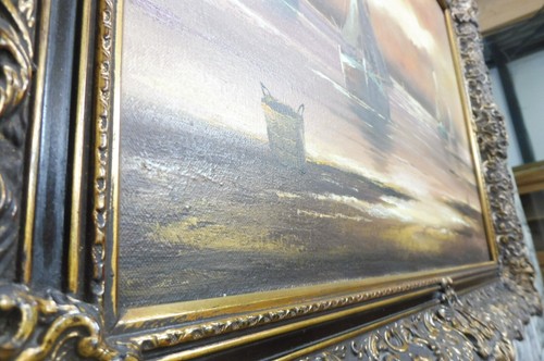 Beautiful Antique Oil Painting Canvas Sunset at Sea - Picture 9 of 12