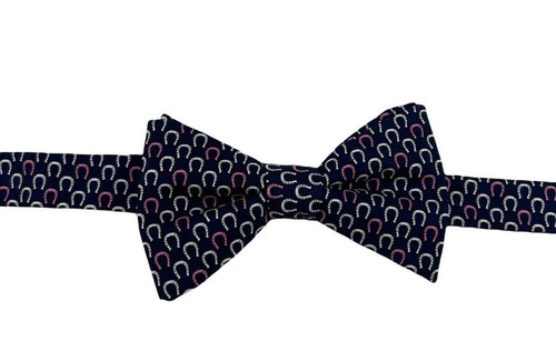 NEW Kentucky Derby Horseshoe Equestrian Print Adjustable Silk Bowtie - Navy Blue - Picture 3 of 6