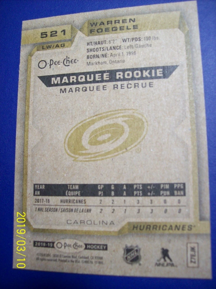 2018-19 O-Pee-Chee "Marquee Rookie" # 521 Warren Foegele (Gold SP) RC! - Image 2 of 2