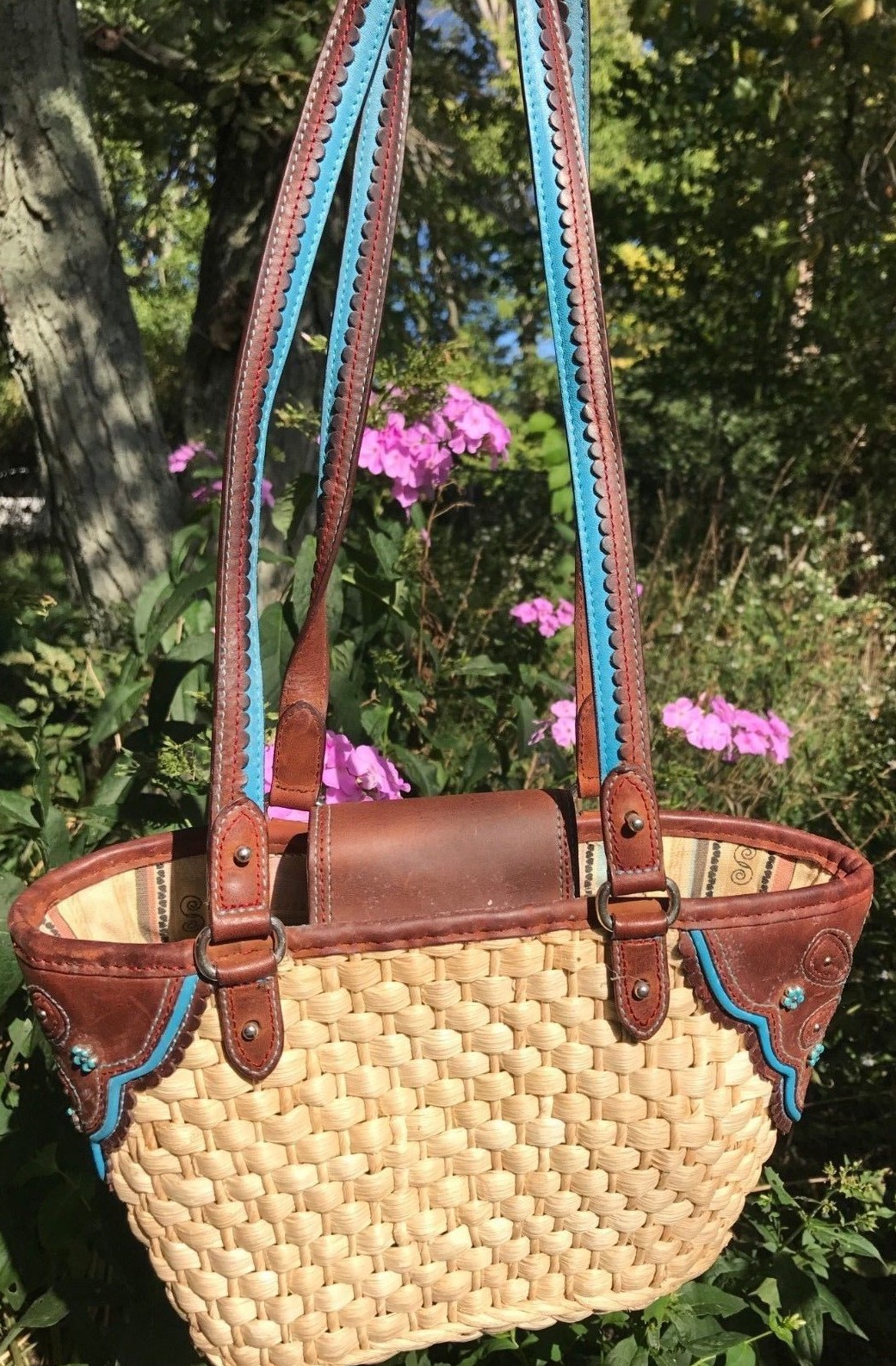 PONY BORSA A MANO BRIGHTON TURCHESE accentata MG FIORI Western MGPPB PAGLIA