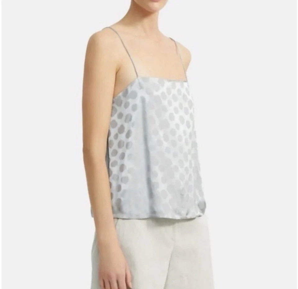 全新带标签 Theory 银色波尔卡圆点/灰色清洁背心拉丝提花衬衫 PETITE — 第 2/4 张图片