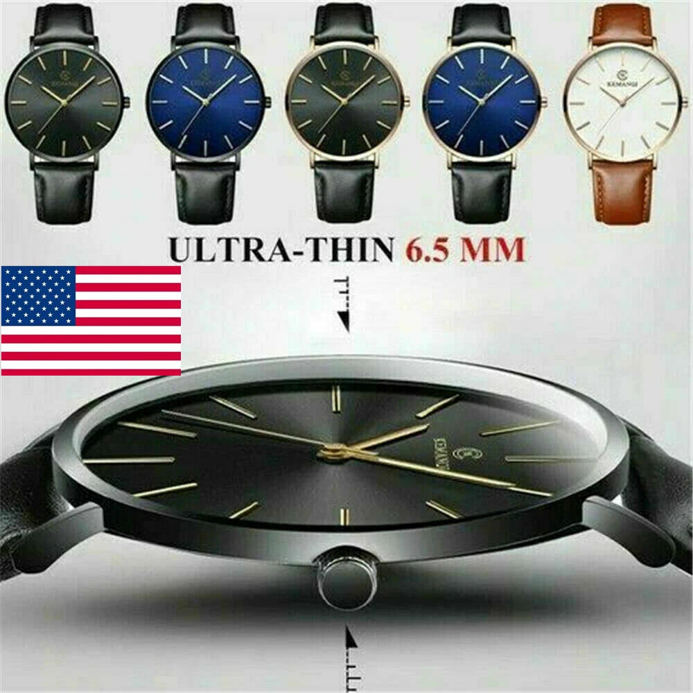 Trendy Men Minimalist Ultra Thin Slim Leather Strap Stainless Steel Quartz Watch