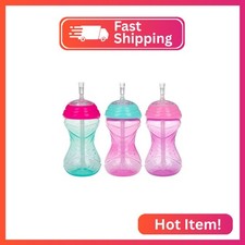 Nuby 3 Piece No-Spill Easy Grip Cup with Flex Straw, Clik It Lock Feature, Girl,