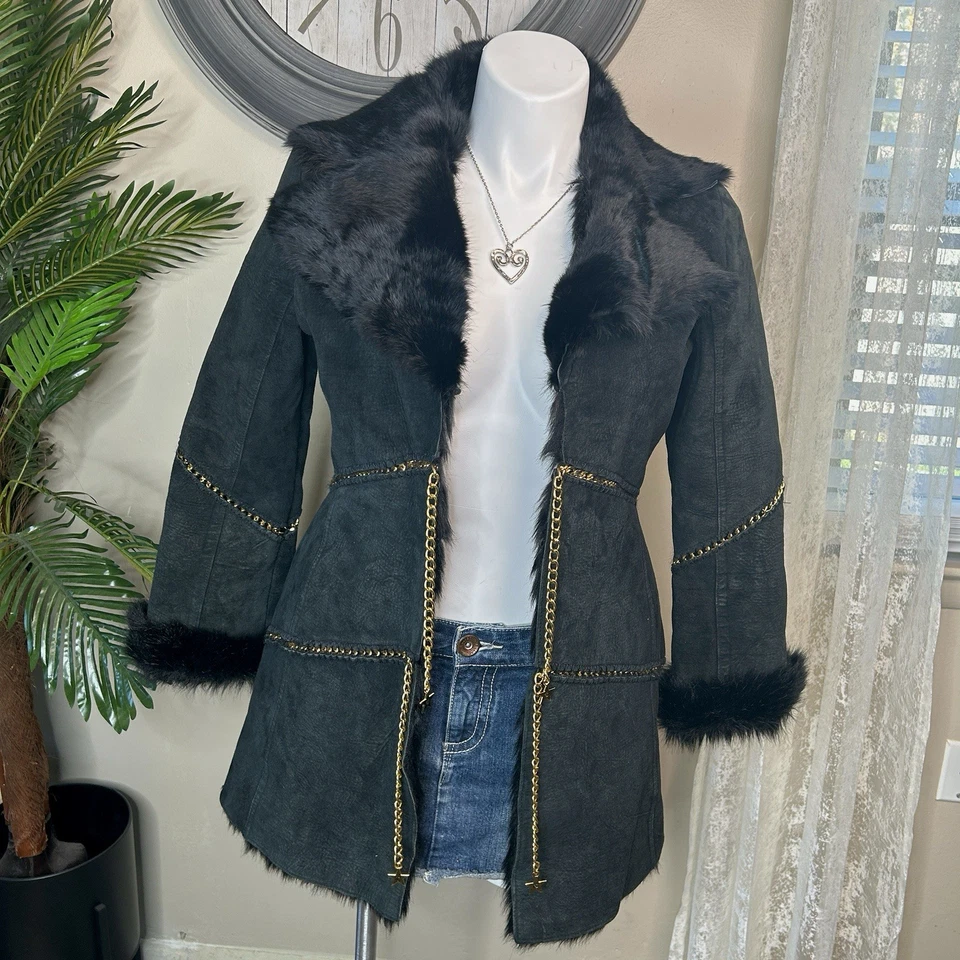 Vintage Rocawear Black Leather Rabbit Fur Coat Women’s XL Gold Chain Trim - Image 3 of 4