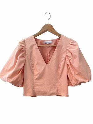 Endless Rose Peach Blush Puff Sleeve Crop Top Womens Sz L Cotton V Neck Zipper