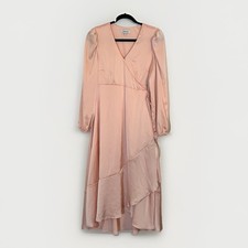 Motherhood Dress Maternity Wrap Flounce Midi pink Satin Gender Reveal SZ M