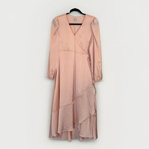 Motherhood Dress Maternity Wrap Flounce Midi  pink Satin Gender Reveal SZ M