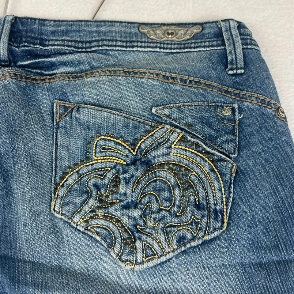 Pantalones de mezclilla para mujer Apple Bottom talla 13/14 azul envejecido bolsillo adornado Foto 4 de 4