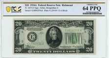 1934A $20 Federal Reserve Note Richmond PCGS 64 PPQ Fr2055-E Choice UNC