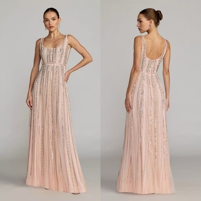Mac Duggal 94080 Pink Scoop Neck A-Line Gown With Striped Beading Size 12 NWT