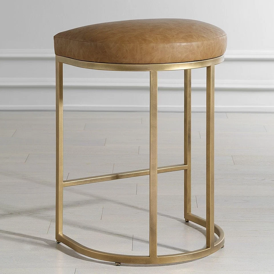 Stellix Antique Brushed Brass Counter Stool | Modern Iron Frame with Camel Color - Image 4 of 4
