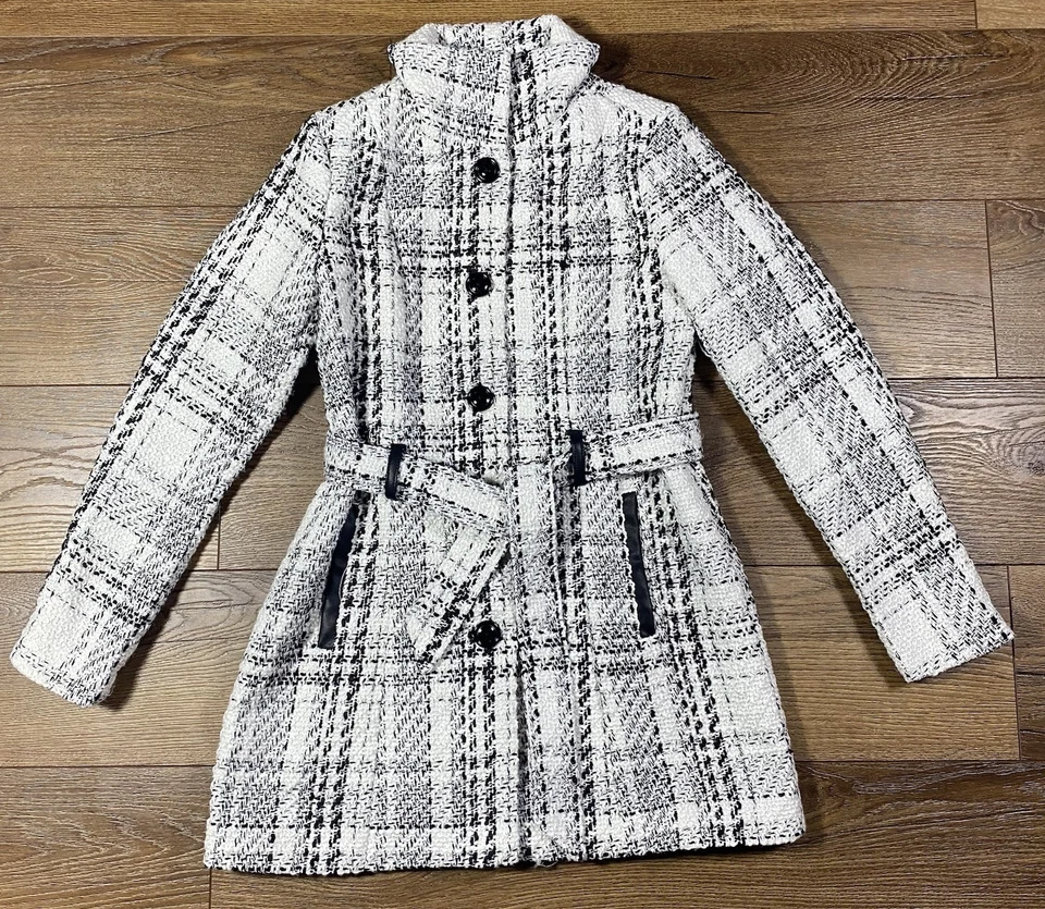Selby Collection Women’s Tweed Plaid Coat Jacket Black White Belted Small - Image 3 of 4