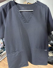 FIGS Technical Collection Gray Solid Scrub Top Short Sleeve V-Neck Size L