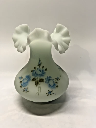 Fenton Hand Painted Blue Roses On Blue Satin Glass Ruffled Top Vase 7”