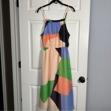 BANANA REPUBLIC Abstract Colorblock Midi Sundress in Peach, Green & Blue