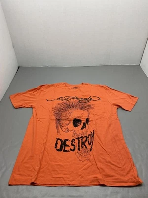 Ed Hardy Shirt Mens 2XL Orange Destroy Skull Graphic Tee Tagless Cotton V-Neck - Image 1 of 4