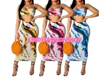 Women Print Casual Two Piece Set Spaghetti Straps Crop Top+Bodycon Midi Skirt 