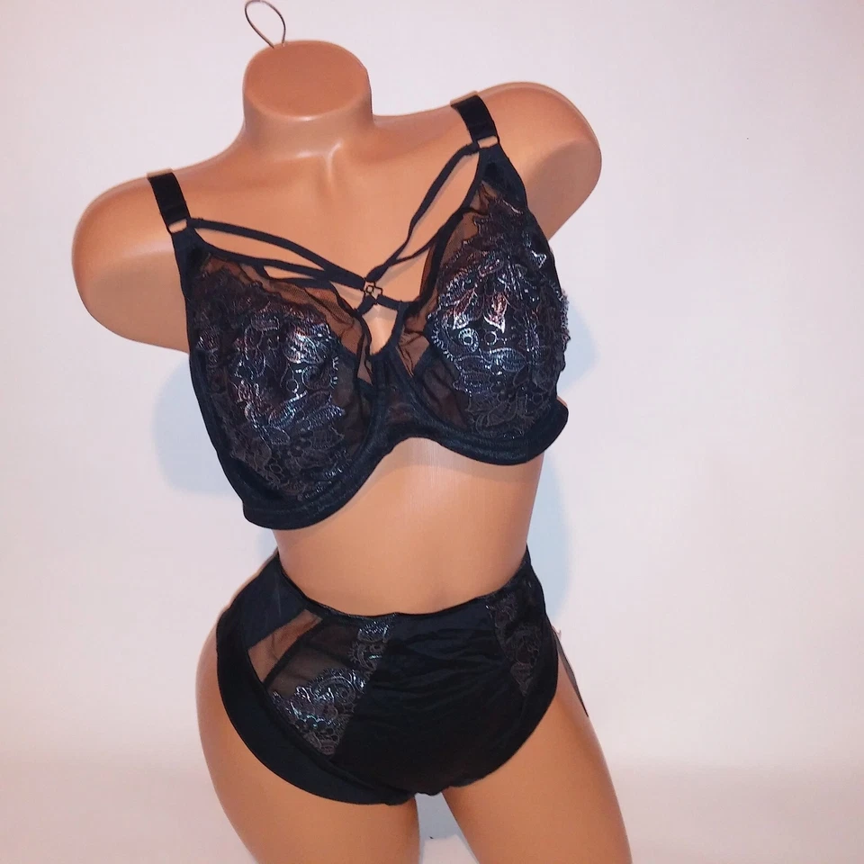 Juego de sujetador Elomi 36H sin forro bragas grandes negras plateadas transparentes con tiras metálicas nuevo Foto 3 de 4