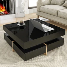 Square Coffee Table w/4 Drawers High Gloss Cocktail Tea Table w/Wood Grain Base