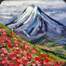 Original Mountain Landscape Painting Red Flowers and Snowy Peak Cabin Decor