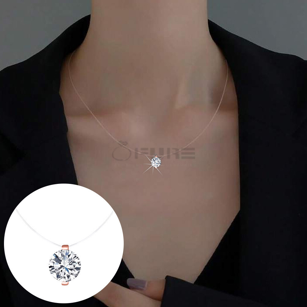 Rose Gold Choker Necklace Round Crystal Pendant Transparent Line Sterling  Silver - Main Image
