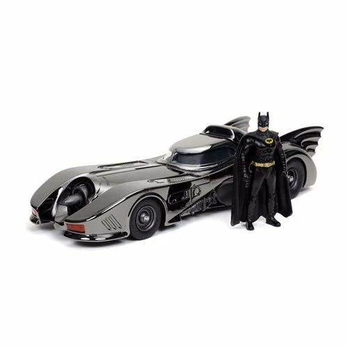 Batman 1989 Movie Batmobile Black Chrome Finish 1:24 Die-Cast Metal w/ figure - Image 3 of 4