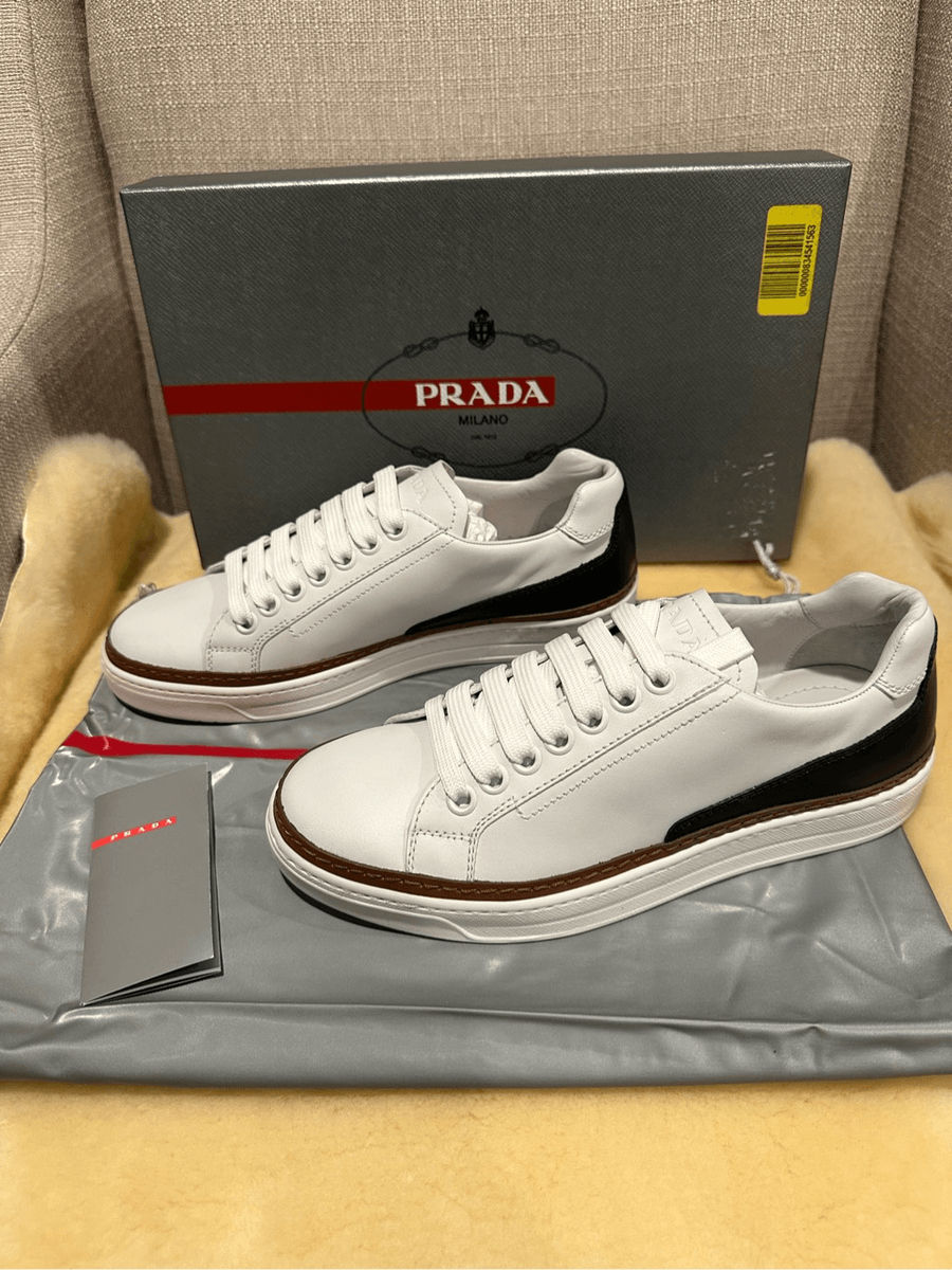Prada White Low-Top Leather Sneakers Downtown leather low-top sneakers in white - Prada | Mytheresa main image 3