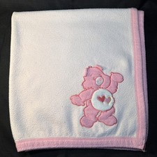 Vintage Pink Care Bears Baby Blanket Embroidered Plush Love A Lot Bear Fleece