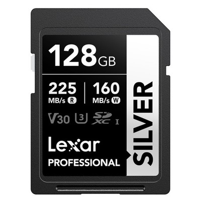 128GB Professional Silver SD Card, UHS-I, C10, U3, V30, 4K, Up to 225/160 MB/...