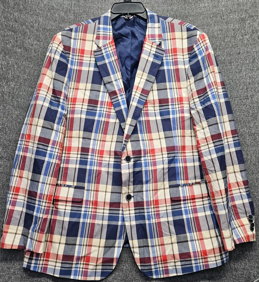 Tommy Hilfiger Hombres 46R Madras Algodón a Cuadros Azul Rojo Foto 2 de 4