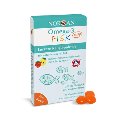 Norsan Omega-3 FISK KIDS Jelly | 45 Kaugeleedrops | für Kinder | Erdbeer-Zitrone