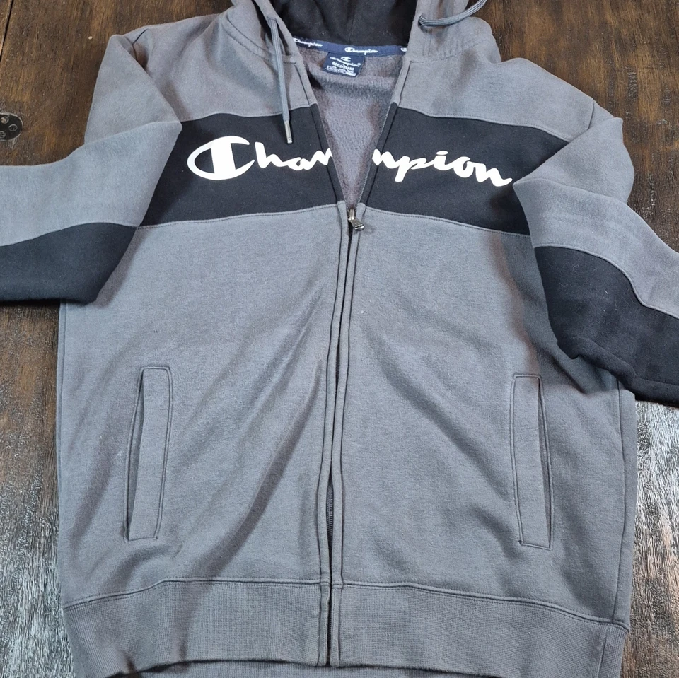 Champion Grey/Black Full Zip Hooded Fleece Logo Colourblock Hoodie Men’s M, photo 2 of 5