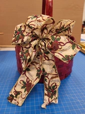 Red Woven Basket Holiday Floral Bow Accent Gift Decor Music Theme Handle Round